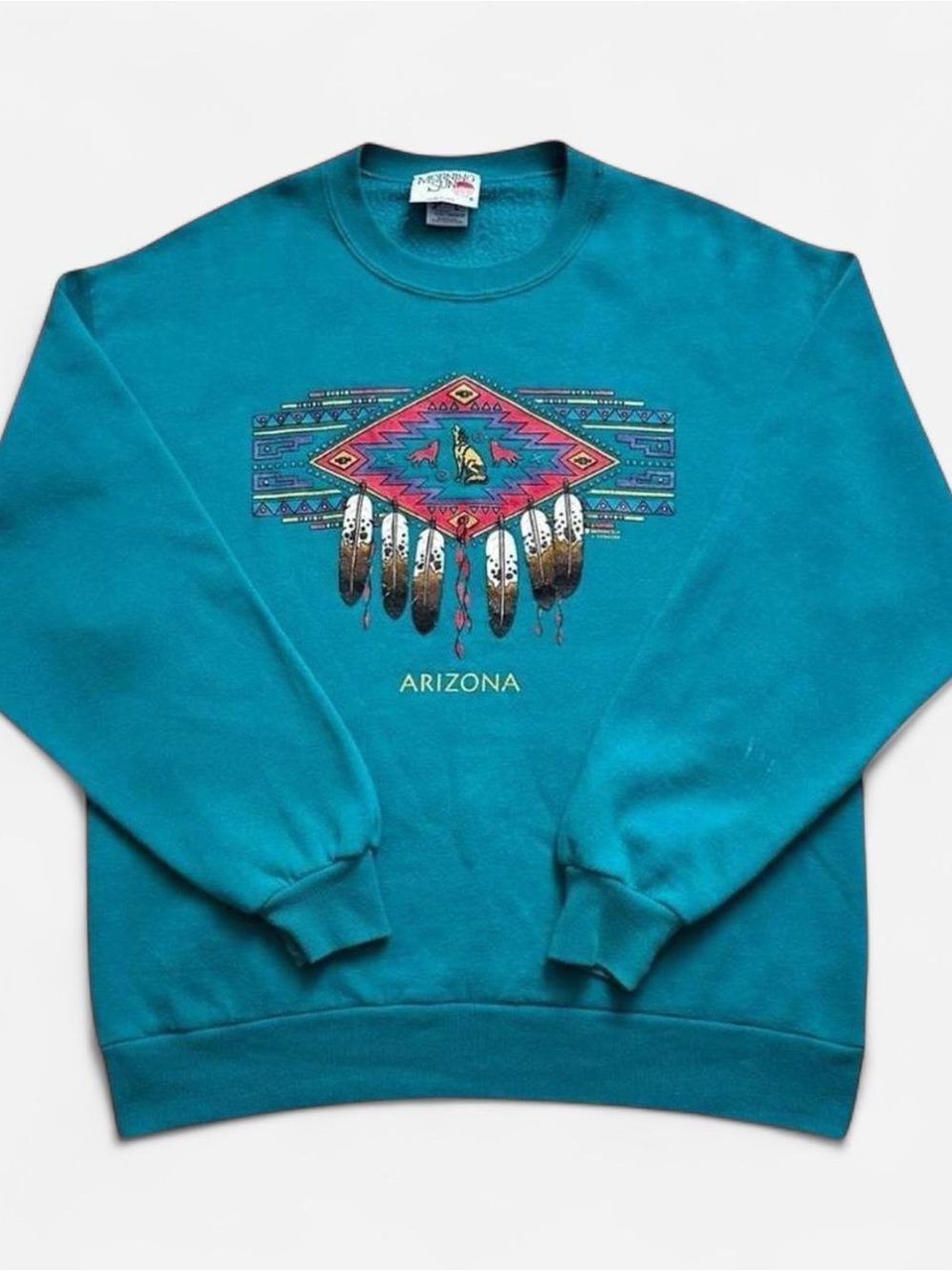 Vintage 1990s Native American Arizona Graphic Teal Crewneck Sweatshirt L